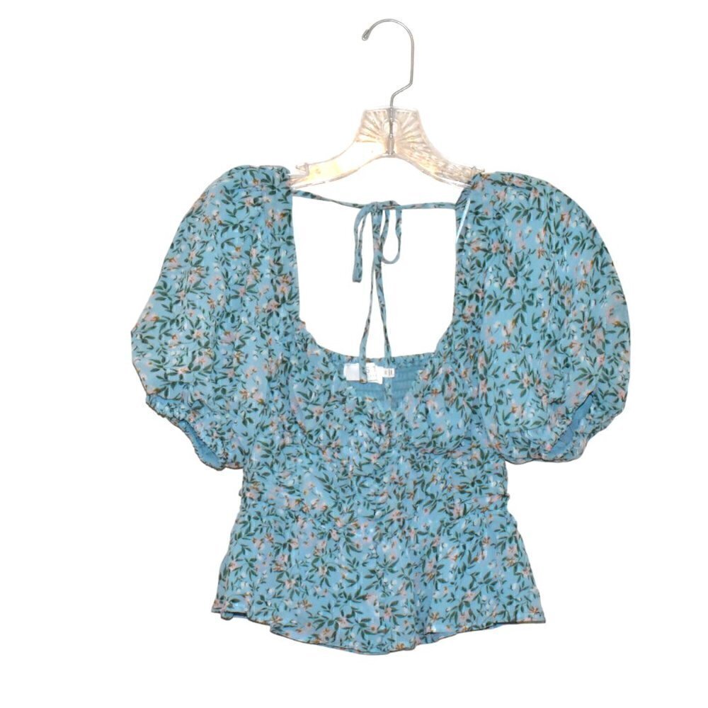 Astr The Label Clair Bustier Crop Floral Puff Sleeve Square Neck Smocked Top